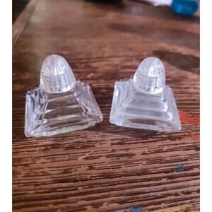 Vintage IRICE Art Deco Pyramid Mini Glass Salt & Pepper Shakers w/ Lucite Lids